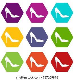 Women shoe with high heels icon set many color hexahedron isolated on white vector illustration