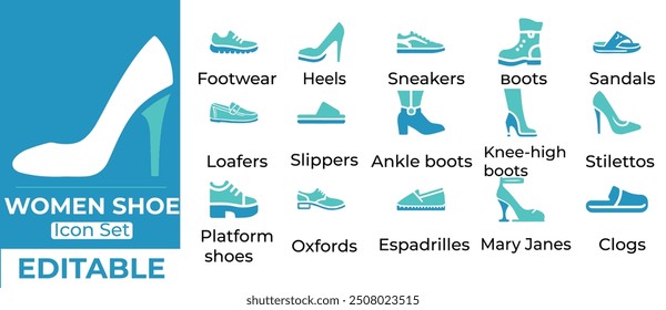 
 Women Shoe Icon Set: Heels, Sneakers, Boots, Sandals and More. Perfect for fashion design, ecommerce, and branding. Editable and high quality