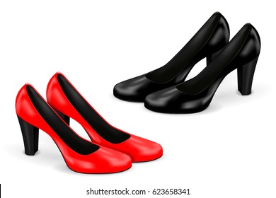 Women shoes. Black and red high heels. Vector 3d illustration isolated on white background