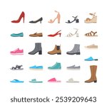 Women shoes collection. Basic types of footwear for lady. High heels, sandals, boots, flats, loafers, slippers. Simple color flat icons for clothing shop. Side view pictograms, isolated