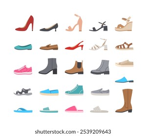 Coleção de sapatos femininos. Tipos básicos de calçado para senhora. Saltos altos, sandálias, botas, flats, abafadores, chinelos. Ícones simples de cor plana para loja de roupas. Pictogramas de vista lateral, isolados