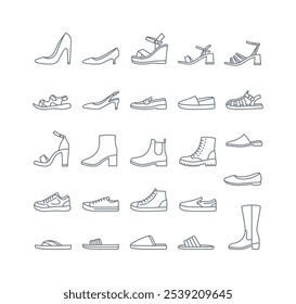 Women shoes collection. Basic types of footwear for lady. High heels, sandals, boots, flats, loafers, slippers. Simple thin line icons for clothing shop. Outline pictograms, editable stroke