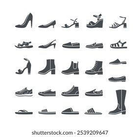 Women shoes collection. Basic types of footwear for lady. High heels, sandals, boots, flats, loafers, slippers. Simple solid silhouette icons for clothing shop. Side view pictograms, isolated