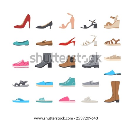 Women shoes collection. Basic types of footwear for lady. High heels, sandals, boots, flats, loafers, slippers. Simple color flat icons for clothing shop. Side view pictograms, isolated