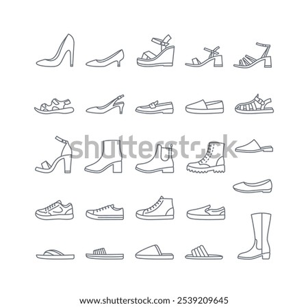 Women shoes collection. Basic types of footwear for lady. High heels, sandals, boots, flats, loafers, slippers. Simple thin line icons for clothing shop. Outline pictograms, editable stroke