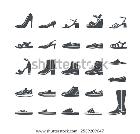 Women shoes collection. Basic types of footwear for lady. High heels, sandals, boots, flats, loafers, slippers. Simple solid silhouette icons for clothing shop. Side view pictograms, isolated