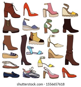 Women shoes collection in color. Various types of female shoes. Hand drawn vector illustration.