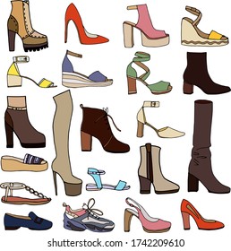 Women shoes collection in color. Various types of female shoes. Hand drawn vector illustration.