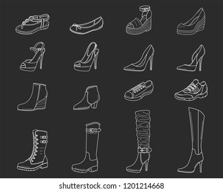 Women shoes collection. Various types of female shoes boots, stilettos, wedgies, sandals, sneakers, flats, vector sketch illustration, isolated on chalkboard background