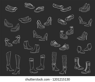 Women shoes collection. Various types of female shoes boots, stilettos, wedgies, sandals, sneakers, flats, vector sketch illustration, isolated on chalkboard background.