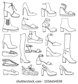 Women shoes collection  Various types female shoes  Black   white vector illustration 