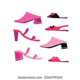 Women shoes collection. Various types of female shoes boots, stilettos, wedgies, sandals, sneakers, flats, vector sketch illustration, isolated on white background.