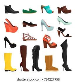 Women shoes in different styles. Vector illustrations. Set of female footwear elegance and glamour
