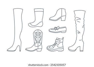 Zapatos de mujer. Diferentes tipos de calzado para dama. Tacones altos, muslos altos, botas de vaquero, mocasines, botas de senderismo, botas de lluvia. Iconos de línea para tienda de ropa. Pictogramas de contorno de vista lateral, trazo editable