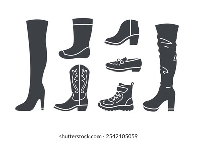 Damenschuhe. Verschiedene Schuhtypen für Dame. High Heels, Oberschenkelhoch, Cowboystiefel, Mokassins, Wanderstiefel, Regenstiefel. Einfache solide Silhouette Icons für Kleidung Shop. Seitenansicht, Piktogramm einzeln