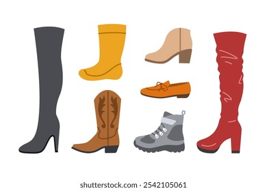 Zapatos de mujer. Diferentes tipos de calzado para dama. Tacones altos, muslos altos, botas de vaquero, mocasines, botas de senderismo, botas de lluvia. Iconos planos de color simple para la tienda de ropa. Pictogramas de vista lateral, aislados