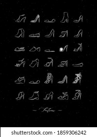 Women shoes different types set drawing in vintage style on black background