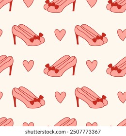 Women Shoes Doodle Seamless Pattern. Hand drawn Glamour Heels with Heart shapes background. Footwear repeat vector illustration