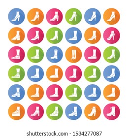Women shoes flat design long shadow glyph icons set. Female fashion, summer and autumn trendy footwear. Stiletto high heels, sandals, pumps. Winter and fall boots. Isolated vector illustrations