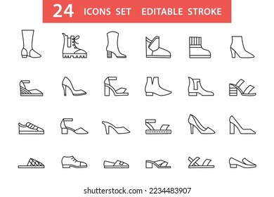 Women shoes icons set. Lady footwear logo sign. Line shoe flat icon. Casual boots, sandal, sneakers, heels element collection. Editable strokes vector illustration emblem isolated on white background