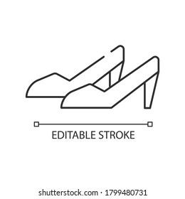 Women shoes linear icon. Online shopping for garment. Internet store for luxury apparel. Thin line customizable illustration. Contour symbol. Vector isolated outline drawing. Editable stroke