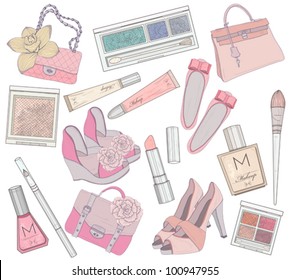 Women shoes, makeup and bags element set. Cosmetic product, footwear, purses and accessories vector illustration.