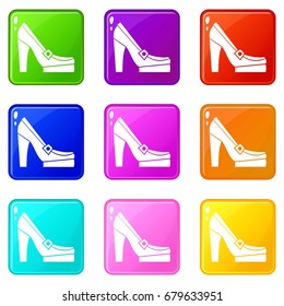 Women shoes on platform icons of 9 color set isolated vector illustration