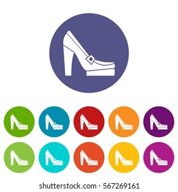 Women shoes on platform set icons in different colors isolated on white background
