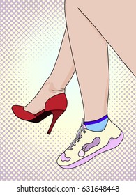 Women Shoes Pop Art Retro Style. Red High Heels And Sports Shoes, Sneakers. Closeup Of Woman Legs And Feet Wearing Two Different Shoes.