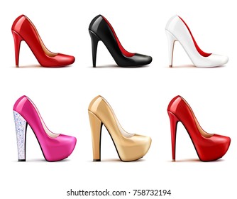 Women shoes realistic set in different colors isolated vector illustration