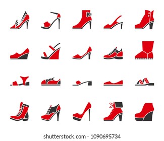 Women Shoes silhouette icons set. Isolated on white web sign kit of footwear. Shoe pictogram collection includes ugg, pumps, boats. Simple two color symbol. Vector Icon shape for stamp