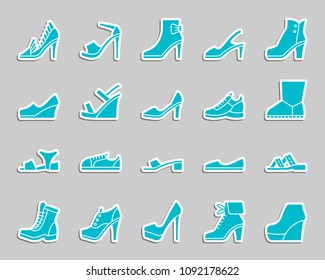 Women Shoes silhouette sticker icons set. Web sign kit of footwear. Fashion pictogram collection includes boot, sandals, mules. Simple shoes vector icon shape for patch and embroidery