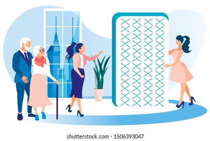 Women Shop Assistant and Presenter, Giving Presentation to Senior Couple, Looking for Orthopedic Mattress, in Trendy Showroom. Spacy Exhibition Hall. Window Facing Skyscrapers in Big City.