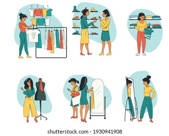 Women shop in a clothing store, choose, try on in front of a mirror and talk to a consultant. Shopping, buying new clothes and shoes.