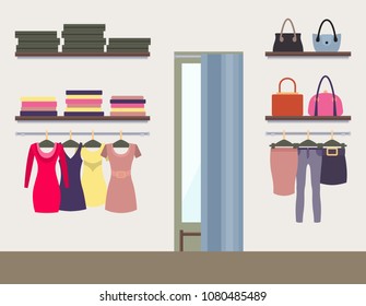 Women shop interior colorful vector illustration, display of various womens clothing, shelves and hangers with dresses skirts pants clothes stylish bags