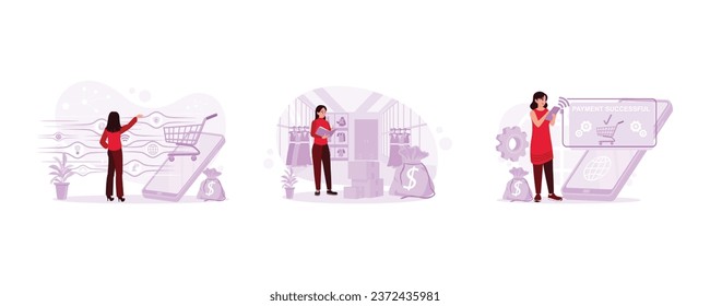 Women shop online. Checking goods ordered by buyers. Women making online payments via smart phone. Digital Shopping concept. Set Trend Modern vector flat illustration