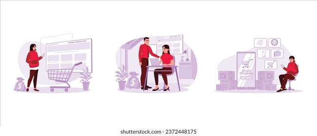 Women shop via websites. Husband and wife shopping with laptop in front of them. A man chooses groceries via cell phone. Online Shopping concept. Set Trend Modern vector flat illustration