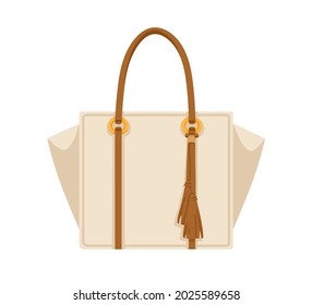 Women shopper bag with leather double handle and fringe. Female handheld handbag of rectangular shape. Modern fashion hand luggage. Realistic flat vector illustration isolated on white background