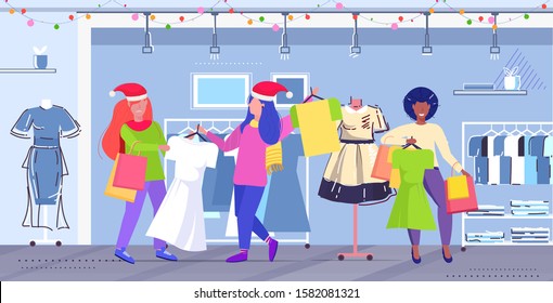 women shoppers in santa hats fighting for last dress customers couple on seasonal shopping sale fight concept modern fashion boutique interior full length horizontal vector illustration