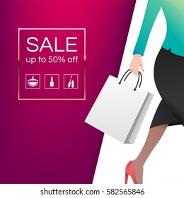 Women with shopping bag. Sale illustration. Concept for your flyer, placard, advertising, business presentation. Vector eps 10.