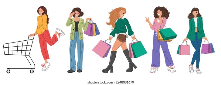 Women with shopping bags and cart. Set of smiling girls on shopping in trendy flat style isolated on white background. Vector illustration.