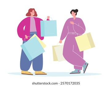 Women with shopping bags. Sale in the store. The friends got along. Vector flat graphics.