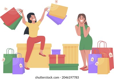 Women with shopping bags semi flat color vector character. Posing figures. Full body people on white. Shopaholics isolated modern cartoon style illustration for graphic design and animation