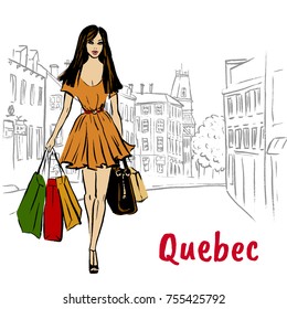 Women with shopping bags walking on St Jean Street in Quebec, Canada