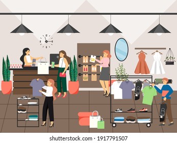 Women shopping and buying clothes in clothing shop or apparel boutique. Fashion dress concept vector illustration. Female customers trying dress in dressing room. Fashion store interior