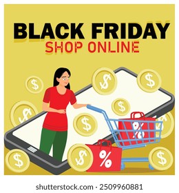 Women with shopping carts, shopping online. Special discounts on social media. Black Friday sale concept. Flat vector illustration.