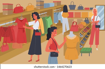 Women shopping. Women choose to buy clothes, handbags and high heels in the store. Vector illustration in a flat style