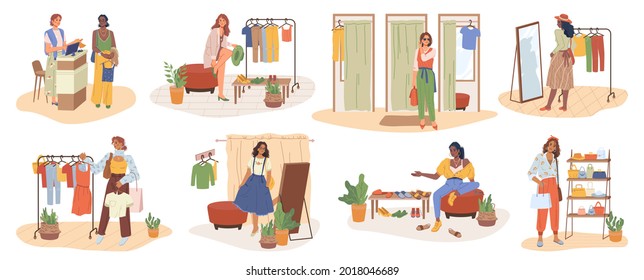 Women shopping, cloth shop store interior, people flat cartoon vector. Vector buyer and shop assistant, fitting room, shelves with hanging apparel, mirror and furniture. Clothing mall, stylish women