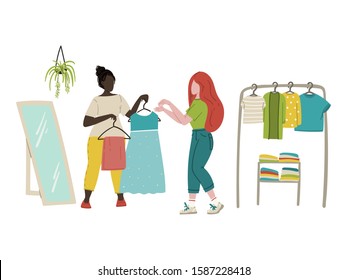 Women shopping in clothes store. Flat cartoon hand drawn characters. Garage sale, flea market, outlet store, clothes swap party concept illustration for banner, poster, flyer, invitation card etc.