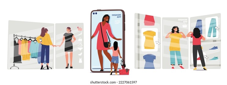 Las Mujeres Que Compran Ropa Utilizan Nuevas Tecnologías Innovadoras Realidad Aumentada En Pantalla Smartphone. Caracteres femeninos en la sala de conexión virtual en la pantalla digital. Ilustración de vectores de personas de caricatura